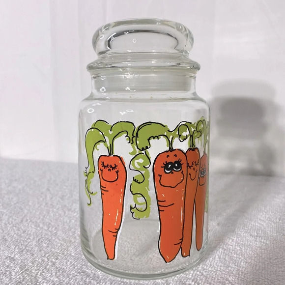 Vintage Anchor Hocking Hildi Cartoon Carrots Glass Canister With Lid - Picture 2 of 13